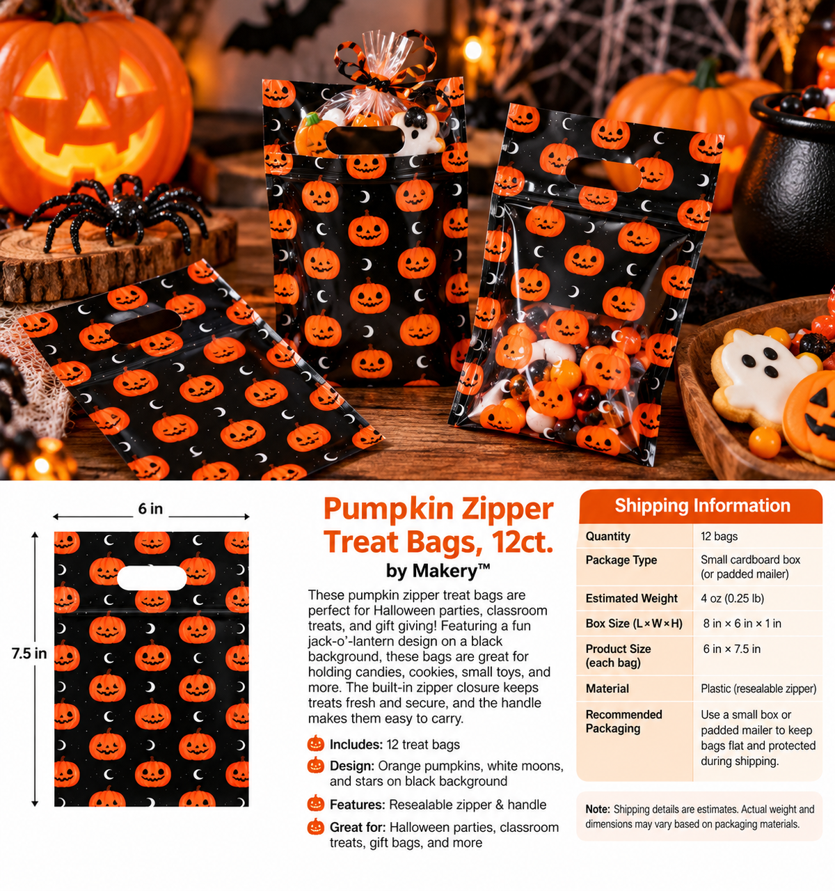 Pumpkin Halloween Zipper Treat Bags – 12 Pack