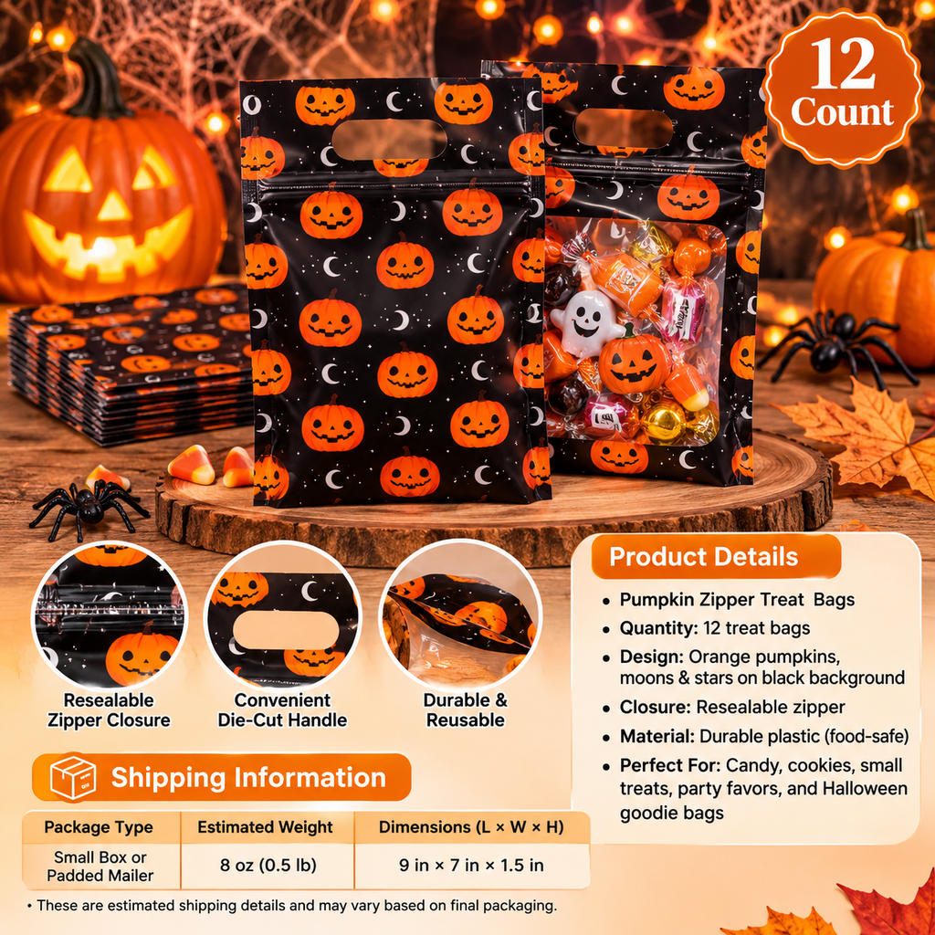 Pumpkin Halloween Zipper Treat Bags – 12 Pack